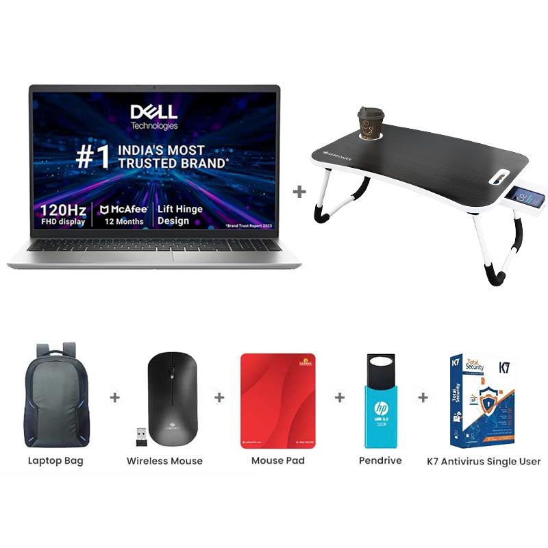 Picture of Dell Inspiron 3530 - 13th Gen Intel Core i7 15.6" (39.62cm) Thin & Light Laptop (16GB/ 512GB SSD/ Full HD Display/ Windows 11 Home/ MS Office 2021/ Intel UHD Graphics/ 1 Year Warranty/ Platinum Silver/ 1.65kg)  with Laptop Table + Laptop Bag + Wireless Mouse & Mouse Pad + Pendrive + K7 Antivirus Single User