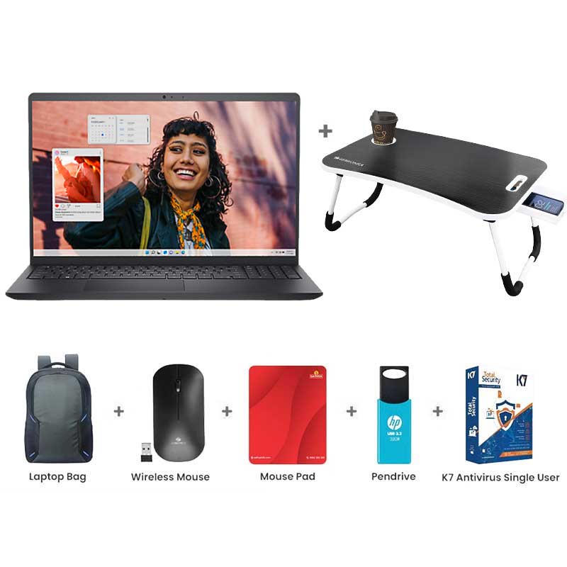 Picture of Dell Inspiron 3530 - 13th Gen Core i3-1305U 15.6" (39.62cm) Thin & Light Laptop (8GB/ 512GB SSD/ Full HD Display/ Windows 11 Home/ MS Office 2021/ Intel UHD Graphics/ 1 Year Warranty/ Carbon Black/ 1.62 kg) with Laptop Bag +with Laptop Table + Laptop Bag + Wireless Mouse & Mouse Pad + Pendrive + K7 Antivirus Single User