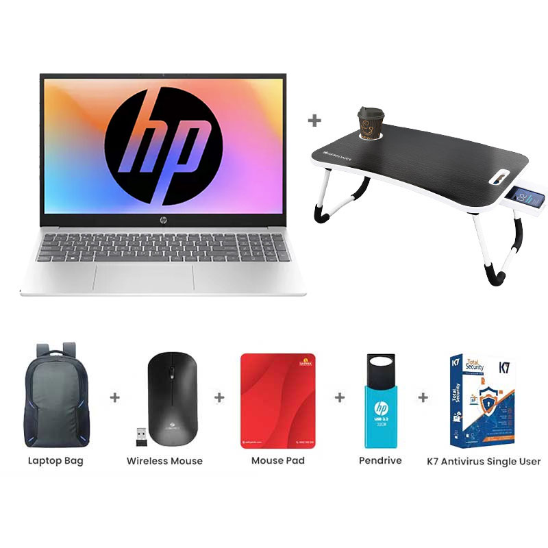 Picture of HP - AMD Ryzen 3 7320U 15.6" (39.6 cm) 15-fc0154AU Thin & Light Laptop (8GB/ 512GB SSD/ Full HD Display/ AMD Radeon Graphics/ Dual Speakers,FHD camera/ Mic mute key/ Windows 11 Home/ MS Office/ 1 Year Warranty/ Natural Silver/ 1.59Kg)  with Laptop Table + Laptop Bag + Wireless Mouse & Mouse Pad + Pendrive + K7 Antivirus Single User