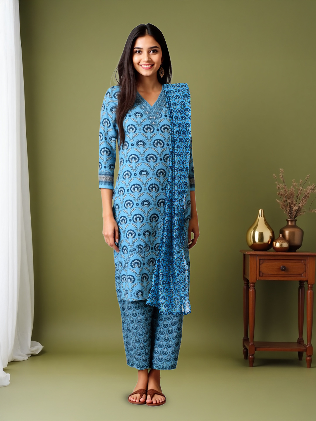Elegant Floral Ethnic Kurta with Pant & Dupatta Set
