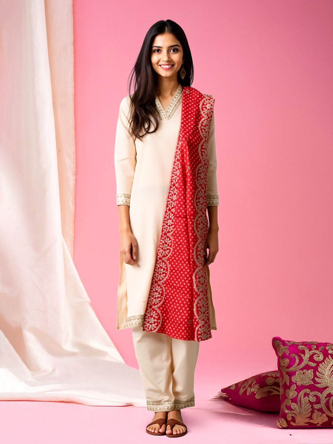 Picture of Graceful V-Neck Kurta with Pant & Embroidered Dupatta Set