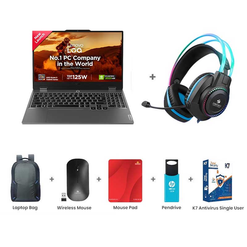 Picture of Lenovo LOQ -  AMD Ryzen 5 7235HS 15.6" (39.6cm) 83JC00HNIN Gaming Laptop (12GB/ 512GB SSD/ Full HD Display/ NVIDIA GeForce RTX 3050A 4GB GDDR6/ Anti-Glare/ Windows 11 Home/ Office Home 2024/ Backlit Keyboard/ E-Shutter/1Year Warranty/ Luna Grey/ 2.38Kg) Zebronics Zeb-Jet Premium Gaming Headphone + Laptop Bag + Wireless Mouse + Mouse Pad + Pendrive + K7 Antivirus Single User