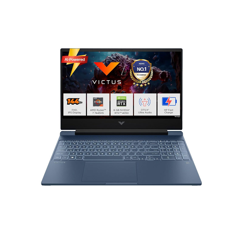 Picture of HP Victus - AMD Ryzen 7-7445HS 15.6" (39.6 cm) 15-fb3118AX Gaming Laptop (16GB DDR5-5600/ 512GB SSD/ Full HD Display/ 144 Hz/ NVIDIA GeForce RTX 4050 6GB/ Backlit Keyboard/ Windows 11 Home/ Windows 11 Home/ MS Office 2024/ Performance blue/ 2.29 kg) 