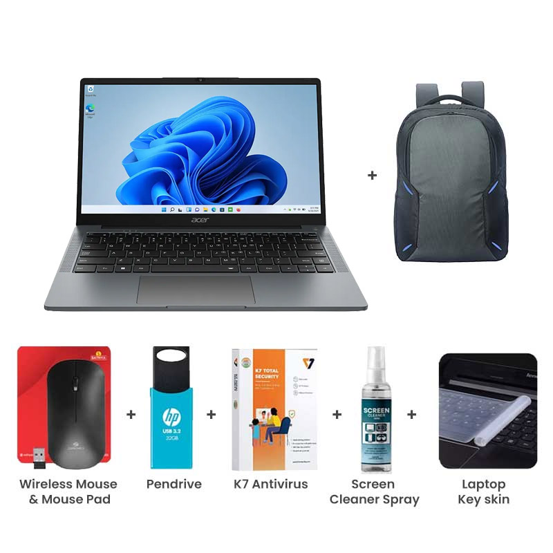 Picture of Acer Aspire 3 - Intel Processor N100 14" (35.56 cm) A324-31 Thin and Light Laptop (8GB/ 512GB SSD/ Full HD IPS Display/ Intel UHD Graphics/ Windows 11 Home/ 1Year Warranty/ Steel Gray/ 1.45 kg) with Laptop Bag + Wireless Mouse & Mouse Pad + Pendrive + K7 Antivirus Single User + Screen Cleaner Spray + Laptop Key Skin