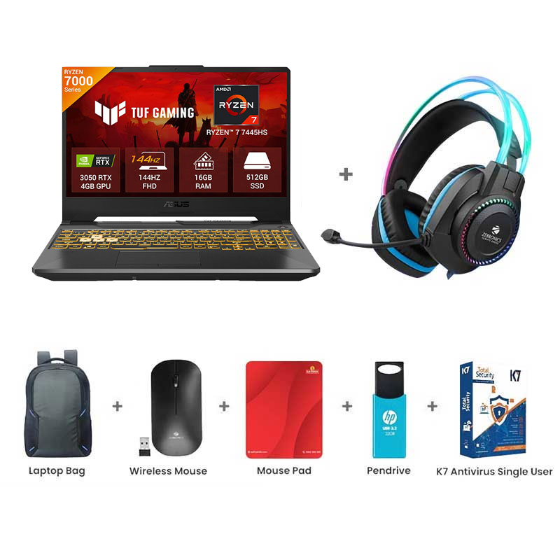 Picture of Asus TUF Gaming A15 - AMD Ryzen 7 7445HS 15.6" (39.62 cm) FA506NCG-HN200WS Gaming Laptop (16GB/ 512GB SSD/ Full HD Display/  NVIDIA GeForce RTX 3050 4GB GDDR6/ Windows 11 Home/ MS Office 2024/ 1Year Warranty/  Graphite Black/ 2.30 kg) Zebronics Zeb-Jet Premium Gaming Headphone + Laptop Bag + Wireless Mouse + Mouse Pad + Pendrive + K7 Antivirus Single User