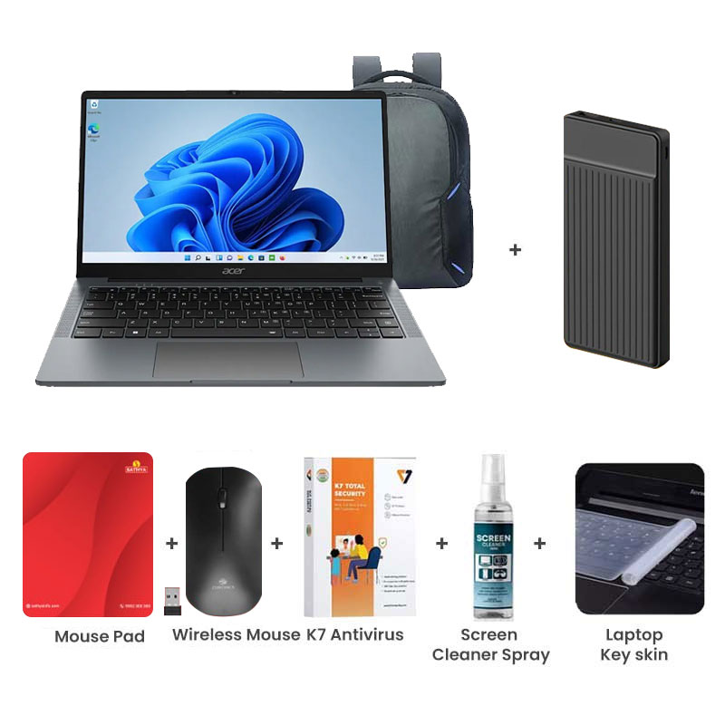 Picture of Acer Aspire 3 - Intel Processor N100 14" (35.56 cm) A324-31 Thin and Light Laptop (8GB/ 512GB SSD/ Full HD IPS Display/ Intel UHD Graphics/ Windows 11 Home/ 1Year Warranty / Steel Gray/ 1.45 kg) 1000mAh Power Bank + Wireless Mouse + Mouse Pad + K7 Antivirus + Screen Cleaner Spray + Laptop Key Skin