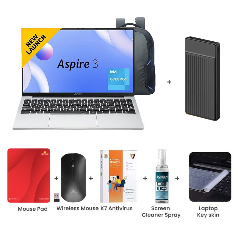 Picture of Acer Aspire 3 - Intel Core Celeron N4500 15.6" (39.63 cm) A325-45 Thin & Light Laptop (8GB/ 512GB SSD/ HD Display/ Windows 11 Home/ MS Office/ 1Year Warranty/ Pure Silver/ 1.5Kg) 1000mAh Power Bank + Wireless Mouse + Mouse Pad + K7 Antivirus + Screen Cleaner Spray + Laptop Key Skin