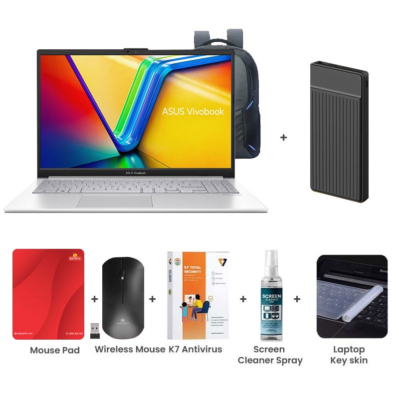 Picture of Asus Vivobook Go 15 - AMD Ryzen 3 7320U 15.6" (39.62cm) E1504FA-NJ131WS Thin & Light Laptop (8GB/ 512GB SSD/ AMD Radeon Graphics/ Windows 11 Home/ MS Office/ 1 Year Warranty/  Cool Silver/ 1.63 Kg)  1000mAh Power Bank + Wireless Mouse + Mouse Pad + K7 Antivirus + Screen Cleaner Spray + Laptop Key Skin 