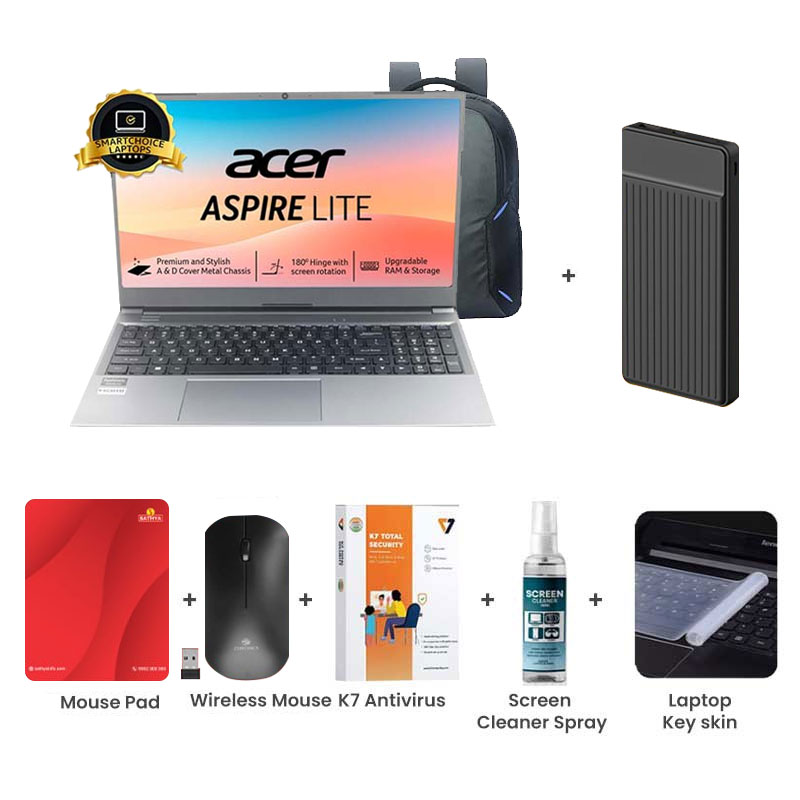 Picture of Acer Aspire Lite - AMD Ryzen 3 7330U 15.6" (39.62 cm) AL15-41 Thin & Light Laptop  (8GB/ 512GB SSD/ Full HD Display / ‎AMD Radeon Graphics/ Windows 11 Home / 1Year Warranty/  Steel Gray/ 1.6 Kg) 1000mAh Power Bank + Wireless Mouse + Mouse Pad + K7 Antivirus + Screen Cleaner Spray + Laptop Key Skin