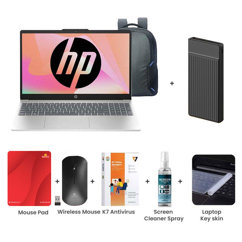 Picture of HP - AMD Ryzen 3 7320U 15.6" (39.6 cm) 15-fc0154AU Thin & Light Laptop (8GB/ 512GB SSD/ Full HD Display/ AMD Radeon Graphics/ Dual Speakers,FHD camera/ Mic mute key/ Windows 11 Home/ MS Office/ 1 Year Warranty/ Natural Silver/ 1.59Kg)  1000mAh Power Bank + Wireless Mouse + Mouse Pad + K7 Antivirus + Screen Cleaner Spray + Laptop Key Skin