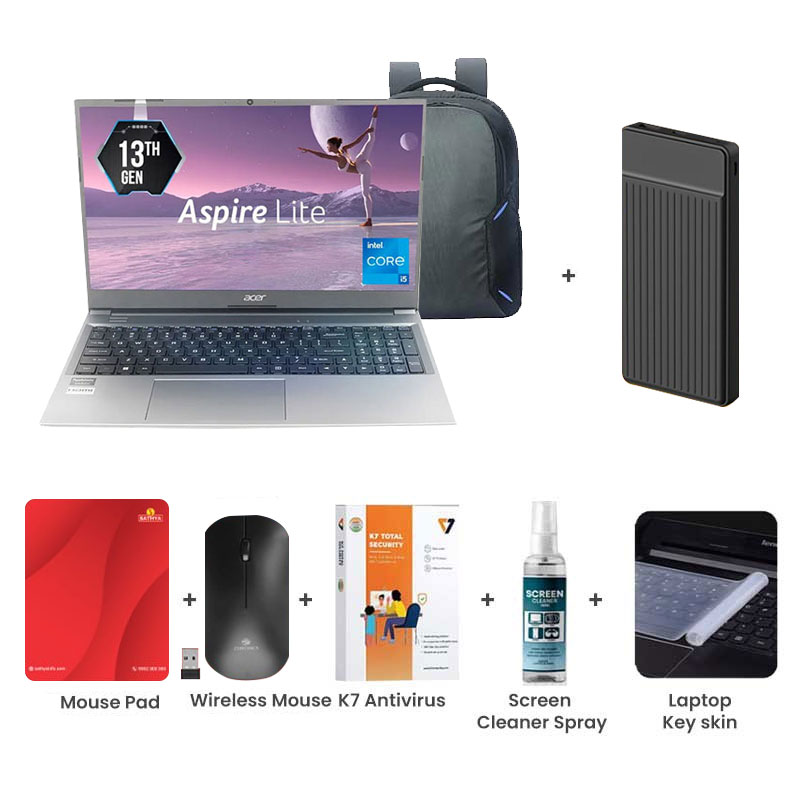 Picture of Acer Aspire Lite - 13th Gen Intel Core i3-1305U 15.6" (39.6 cm) AL15-53 Thin & Light Laptop (8GB/ 512GB SSD/ Full HD Display/ Intel Graphics/ Windows 11 Home/ MS Office/ 1Year Warranty/  Steel Gray/ 1.59 Kg) 1000mAh Power Bank + Wireless Mouse + Mouse Pad + K7 Antivirus + Screen Cleaner Spray + Laptop Key Skin