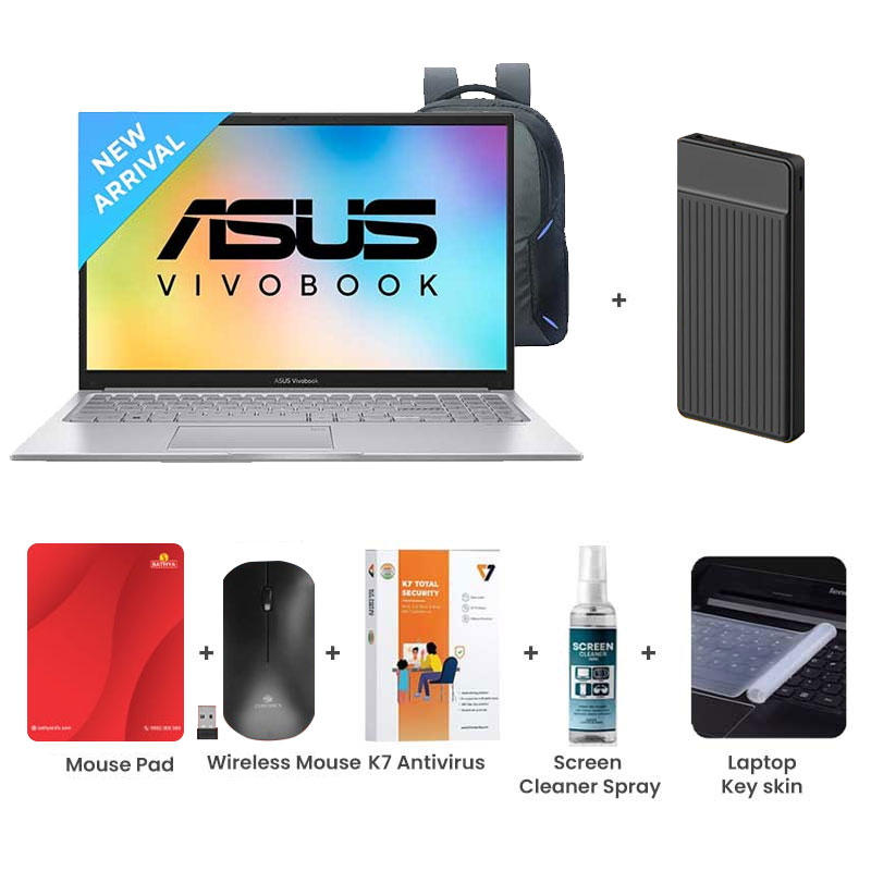 Picture of Asus Vivobook 15 (2025) - 13th Gen Intel Core i3-1315U 15.6" (39.62cm) X1504VA-NJ2324WS Thin and Light Laptop (16GB/ 512GB SSD/ Full HD Display/ Intel UHD Graphics/ Windows 11 Home/ Office Home 2024/ 1 Year Warranty / Cool Silver/ 1.70 kg) 1000mAh Power Bank + Wireless Mouse + Mouse Pad + K7 Antivirus + Screen Cleaner Spray + Laptop Key Skin