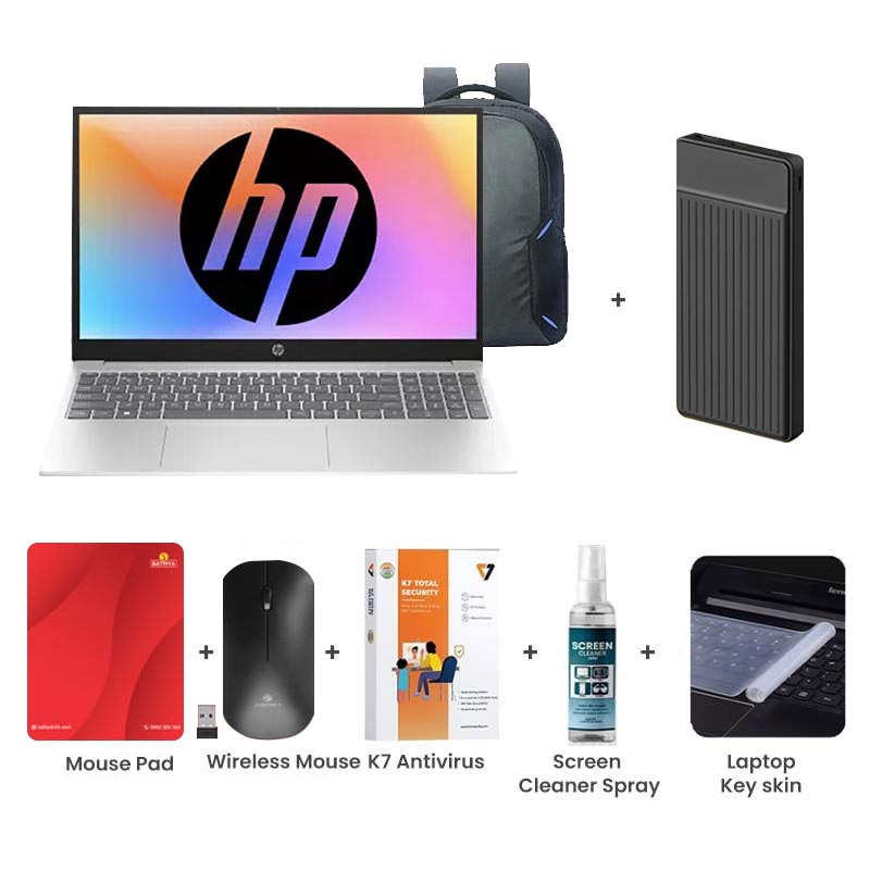 Picture of  HP - 13th Gen Intel Core i3-1315U 15.6" (39.6 Cm) 15-fd0465TU Thin & Light Laptop (8GB DDR4/ 512GB NVMe M.2 SSD/ Windows 11 Home/ MS Office 2024/ Micro-Edge/ Anti-Glare 250 nits/ Dual Speakers/ Mic Mute key/ Camera Privacy Shutter / 1Year Warranty / Silver/ 1.59Kg)  1000mAh Power Bank + Wireless Mouse + Mouse Pad + K7 Antivirus + Screen Cleaner Spray + Laptop Key Skin