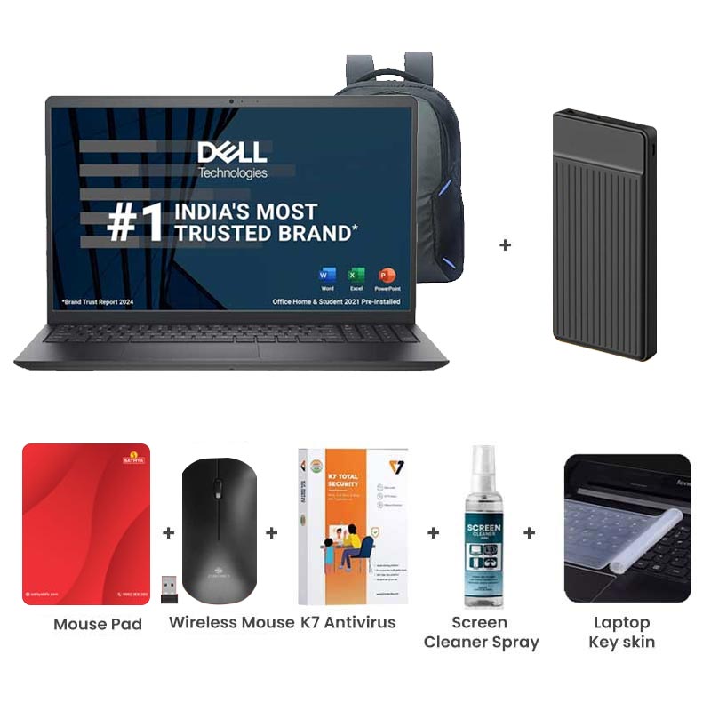 Picture of Dell Inspiron 3530 - 13th Gen Intel Core i5-1334U 15.6" (39.62cm) Thin & Light Laptop (16GB/ 512GB SSD/ Full HD Display/ Windows 11 Home/  MS Office 2021/ Intel UHD Graphics/ 1 Year Warranty/ Carbon Black/ 1.62 kg) 1000mAh Power Bank + Wireless Mouse + Mouse Pad + K7 Antivirus + Screen Cleaner Spray + Laptop Key Skin