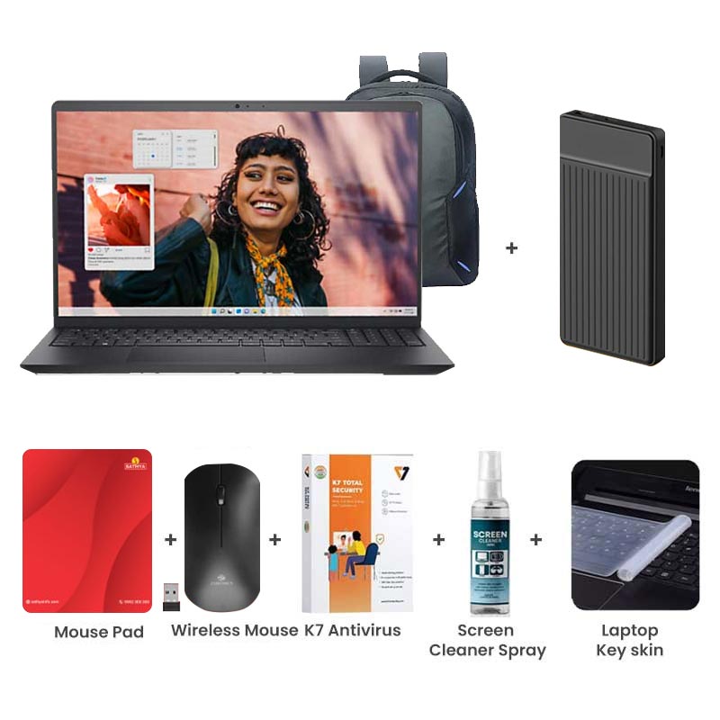 Picture of Dell Inspiron 3530 - 13th Gen Core i3-1305U 15.6" (39.62cm) Thin & Light Laptop (8GB/ 512GB SSD/ Full HD Display/ Windows 11 Home/ MS Office 2021/ Intel UHD Graphics/ 1 Year Warranty/ Carbon Black/ 1.62 kg)  1000mAh Power Bank + Wireless Mouse + Mouse Pad + K7 Antivirus + Screen Cleaner Spray + Laptop Key Skin
