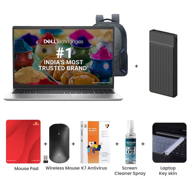 Picture of Dell Inspiron 3530 - 13th Gen Intel Core i3-1305U 15.6" Thin & Light Laptop (8GB/ 512GB SSD/ Full HD Display/ Windows 11 Home/ MS Office/ 1 Year Warranty/ Platinum Silver/ 1.62kg) 1000mAh Power Bank + Wireless Mouse + Mouse Pad + K7 Antivirus + Screen Cleaner Spray + Laptop Key Skin