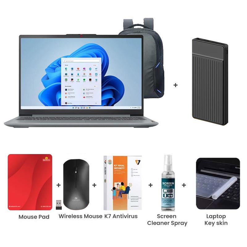 Picture of Lenovo IdeaPad Slim  - Intel Core i3-1315U 15.6" (39.62 cm) 82X700HJIN Thin & Light Laptop (8GB / 512GB SSD/ Full HD Display/Camera Privacy Shutter/ Integrated Intel UHD Graphics/ Anti-glare/ Backlit Keyboard/ Windows 11 Home/ MS Office 2024/1 Year Warranty/ Arctic Grey/ 1.62 kg)  1000mAh Power Bank + Wireless Mouse + Mouse Pad + K7 Antivirus + Screen Cleaner Spray + Laptop Key Skin