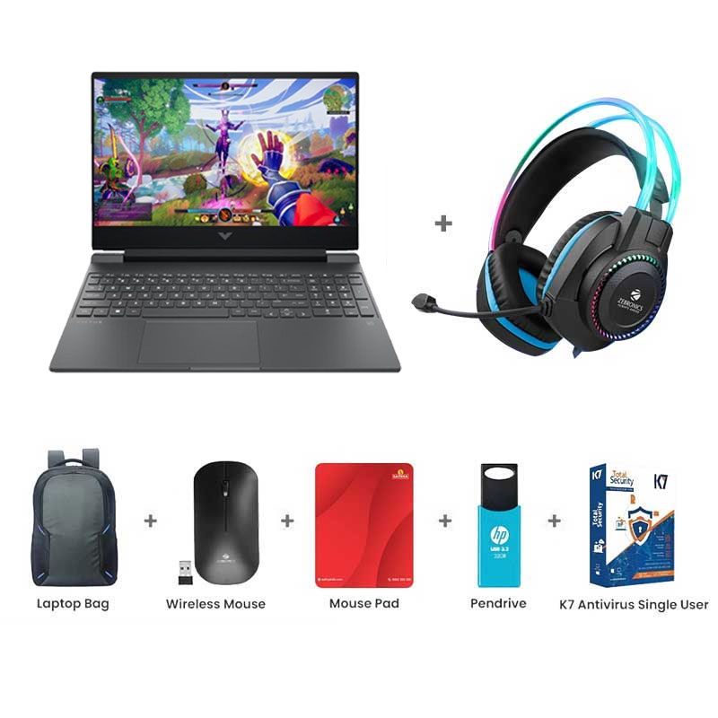 Picture of HP Victus - 14th  Gen Intel Core i5-14450HX 16.1" (40.9 cm) 16-r1703TX Gaming Laptop (16GB/ 512GB SSD/ Full HD Display/ 144 Hz/ NVIDIA GeForce RTX 3050 6GB/ Windows 11 Home/ MS Office/ 1 Year Warranty/ Mica Silver/ 2.31 kg) Zebronics Zeb-Jet Premium Gaming Headphone + Laptop Bag + Wireless Mouse + Mouse Pad + Pendrive + K7 Antivirus Single User 