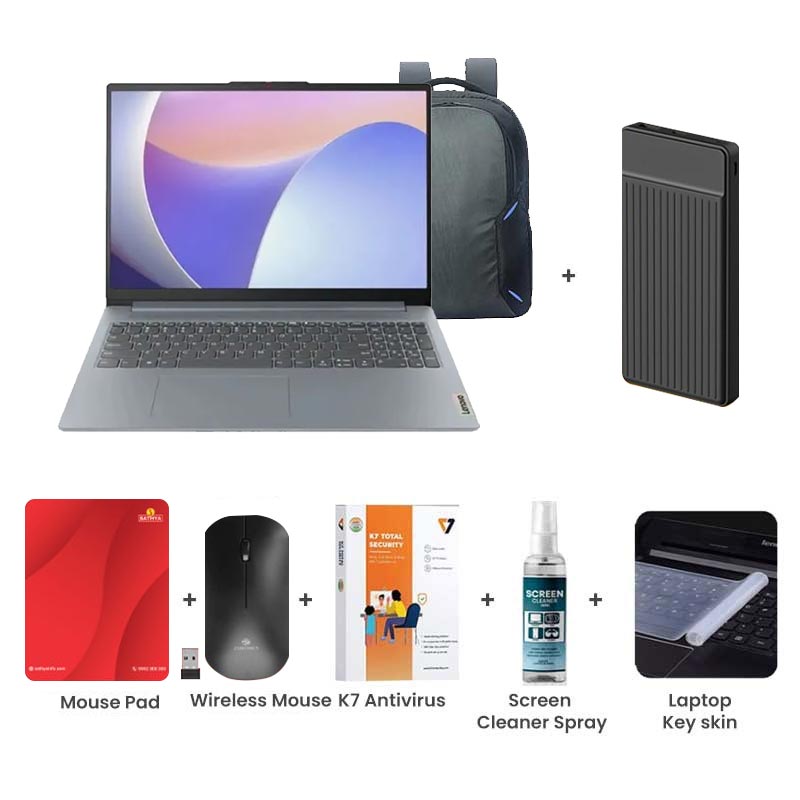 Picture of Lenovo IdeaPad Slim 3 - AMD Ryzen 5 5625U 15.6" (39.62 cm) 82XM0118IN Thin & Light Laptop (16GB / 512GB SSD/ Full HD Display/ Camera Privacy Shutter/ Integrated AMD Radeon Graphics/ Anti-glare/  Backlit Keyboard/ Windows 11 Home/ MS Office 2024/ 1Year Warranty/ Arctic Grey/ 1.62 kg) 1000mAh Power Bank + Wireless Mouse + Mouse Pad + K7 Antivirus + Screen Cleaner Spray + Laptop Key Skin