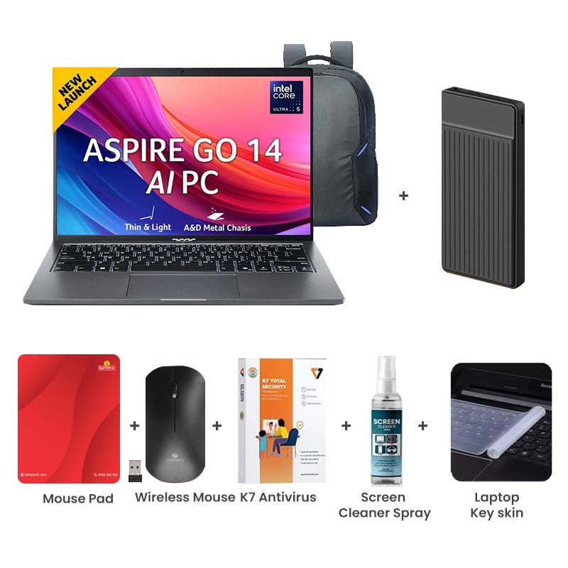 Picture of Acer Aspire Go 14 - Intel Core Ultra 5 125H 14.0" (35.56 cm) AG14-71M Premium Laptop (16GB/ 512GB SSD/ WUXGA IPS Display/ Backlit Keyboard/ Windows 11 Home/ MS Office/ 1Year Warranty/ Space Gray/ 1.5kg)  with Laptop Bag + 1000mAh Power Bank + Wireless Mouse + Mouse Pad + K7 Antivirus + Screen Cleaner Spray + Laptop Key Skin