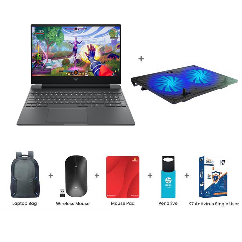 Picture of HP Victus - 14th  Gen Intel Core i5-14450HX 16.1" (40.9 cm) 16-r1703TX Gaming Laptop (16GB/ 512GB SSD/ Full HD Display/ 144 Hz/ NVIDIA GeForce RTX 3050 6GB/ Windows 11 Home/ MS Office/ 1 Year Warranty/ Mica Silver/ 2.31 kg) Zebronics ZEB-NC3300 USB Powered Laptop Cooling Pad Laptop Bag + Wireless Mouse + Mouse Pad + Pendrive + K7 Antivirus Single User