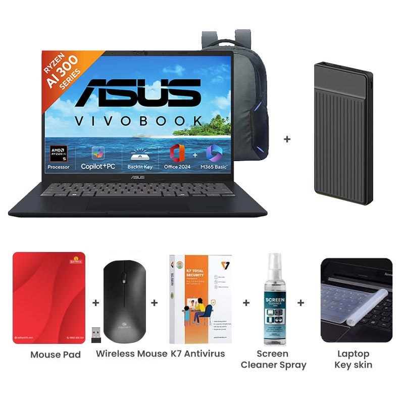 Picture of Asus Vivobook 14 - AMD Ryzen AI 5 330 14" (35.56 cm) M1407KA-LY132WS AI Powered Thin and Light Laptop (16GB/ 512GB SSD/ WUXGA Display/ AMD Radeon Graphics/ Windows 11 Home/ Office Home 2024/ 1Year Warranty/ Quiet Blue/ 1.46kg) with Laptop Bag + 1000mAh Power Bank + Wireless Mouse + Mouse Pad + K7 Antivirus + Screen Cleaner Spray + Laptop Key Skin