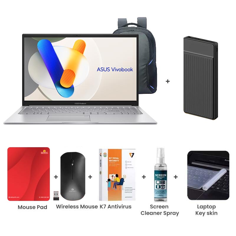 Picture of Asus Vivobook 15 - Intel Core 5 120U 15.6" (39.62 cm) X1504VAP-BQ541WS Thin and Light Laptop (16GB/ 512GB SSD/ Full HD Display/ Intel Graphics/ Windows 11 Home/ Office Home 2024 + M365 Basic/ 1Year Warranty/ Cool Silver/ 1.70 kg)  with Laptop Bag + 1000mAh Power Bank + Wireless Mouse + Mouse Pad + K7 Antivirus + Screen Cleaner Spray + Laptop Key Skin