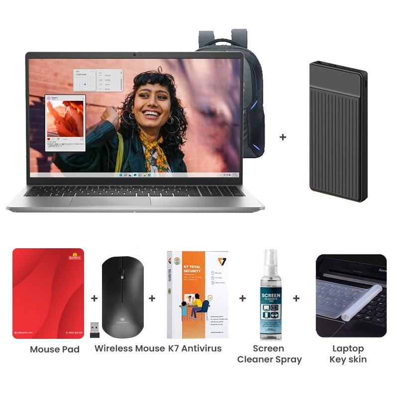 Picture of Dell 15 - AMD Ryzen 5-7530U 15.6" (39.62cm) Thin & Light Laptop (16GB/ 512GB SSD/ Full HD Display/ LED-Backlit Standard Keyboard/ Windows 11 Home/ Office Home 2024 + M365 Basic/ 1Year Warranty/ Platinum Silver/ 1.67 Kg) with Laptop Bag + 1000mAh Power Bank + Wireless Mouse + Mouse Pad + K7 Antivirus + Screen Cleaner Spray + Laptop Key Skin
