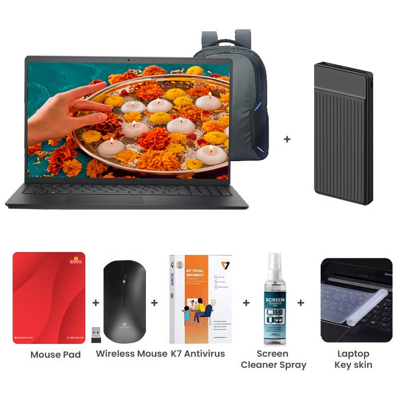 Picture of Dell New 15 - AMD Ryzen 3 7320U 15.6" (39.62cm) Thin & Light Laptop  (8GB/ 512GB SSD/ Full HD Display/ AMD Radeon 610M/ Anti- Glare/ Windows 11 Home/ Office Home 2024 + M365 Basic/ 1Year Warranty/ Carbon Black/ 1.90 Kg) with Laptop Bag + 1000mAh Power Bank + Wireless Mouse + Mouse Pad + K7 Antivirus + Screen Cleaner Spray + Laptop Key Skin