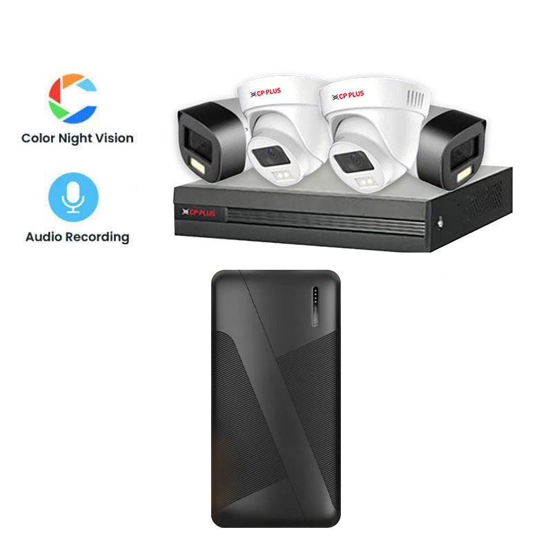 Picture of CP PLUS 4 CCTV Cameras Combo (2 Indoor & 2 Outdoor CCTV Cameras) (Colour's View with mic) + DVR + HDD + Accessories + Power Supply + 90m Cable + Zebronics  Zeb EnergiPod PB17 10000mAh PowerBank