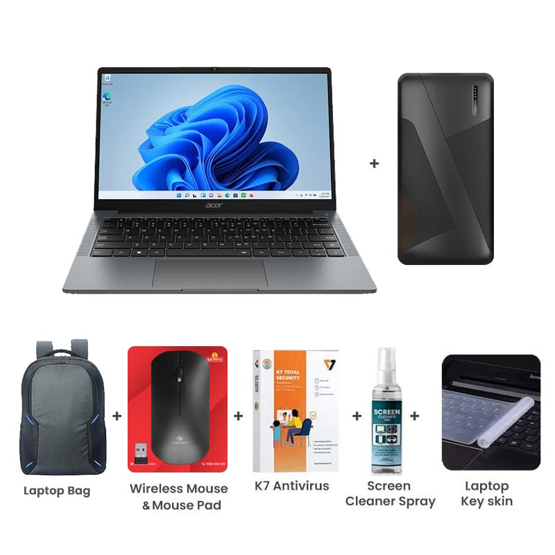 Picture of Acer Aspire 3 - Intel Processor N100 14" (35.56 cm) A324-31 Thin and Light Laptop (8GB/ 512GB SSD/ Full HD IPS Display/ Intel UHD Graphics/ Windows 11 Home/ 1Year Warranty/ Steel Gray/ 1.45 kg) with 10000mAh PowerBank + Laptop Bag + Wireless Mouse & Mouse Pad + K7 Antivirus Single User + Screen Cleaner Spray + Laptop Key Skin