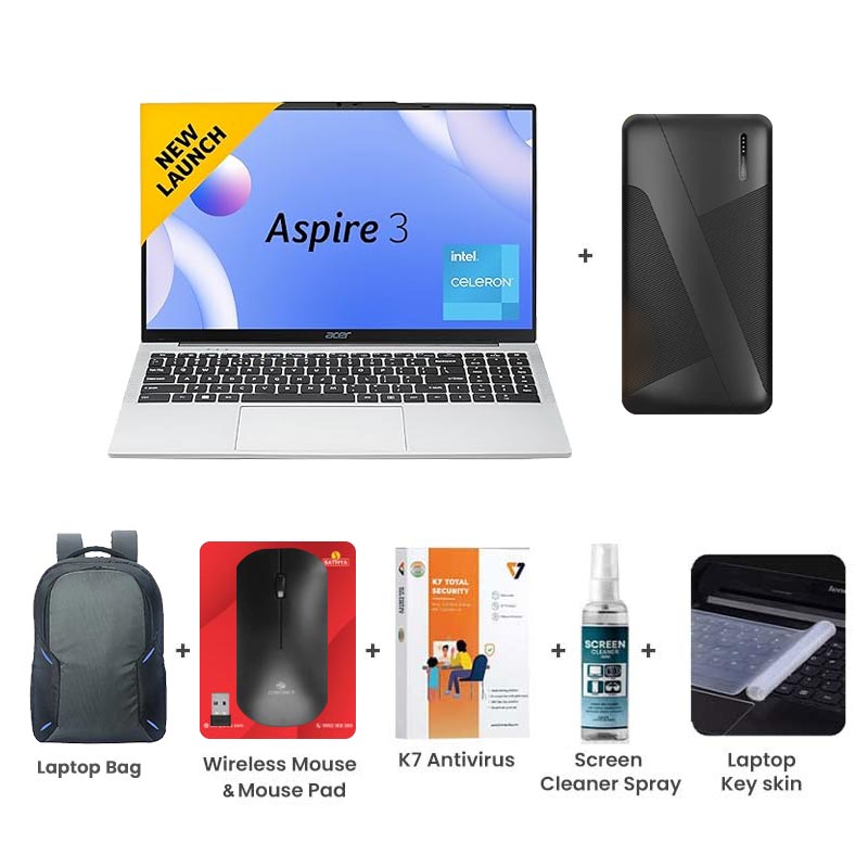 Picture of Acer Aspire 3 - Intel Core Celeron N4500 15.6" (39.63 cm) A325-45 Thin & Light Laptop (8GB/ 512GB SSD/ HD Display/ Windows 11 Home/ MS Office/ 1Year Warranty/ Pure Silver/ 1.5Kg) with 10000mAh PowerBank + Laptop Bag + Wireless Mouse & Mouse Pad +  K7 Antivirus Single User + Screen Cleaner Spray + Laptop Key Skin