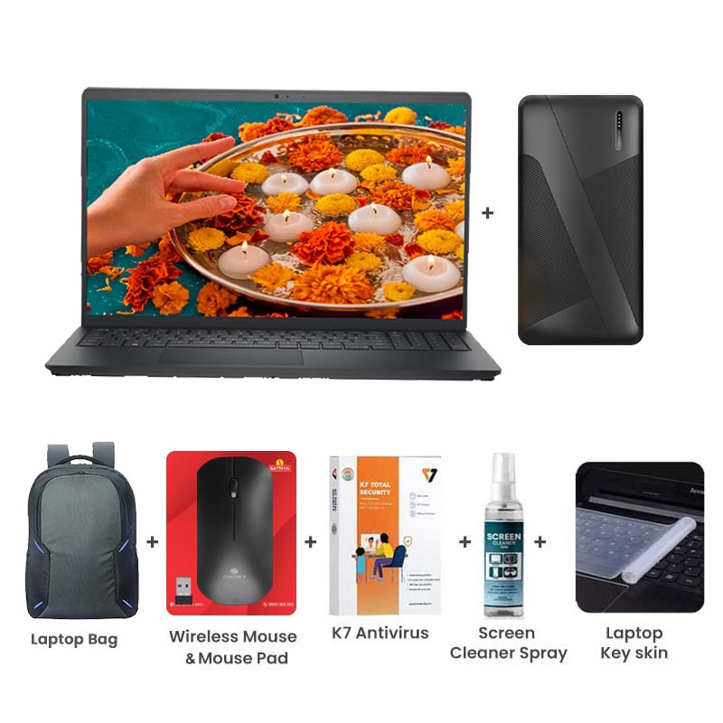 Picture of Dell New 15 - AMD Ryzen 3 7320U 15.6" (39.62cm) Thin & Light Laptop  (8GB/ 512GB SSD/ Full HD Display/ AMD Radeon 610M/ Anti- Glare/ Windows 11 Home/ Office Home 2024 + M365 Basic/ 1Year Warranty/ Carbon Black/ 1.90 Kg) with  10000mAh PowerBank + Laptop Bag + Wireless Mouse & Mouse Pad + K7 Antivirus Single User + Screen Cleaner Spray + Laptop Key Skin