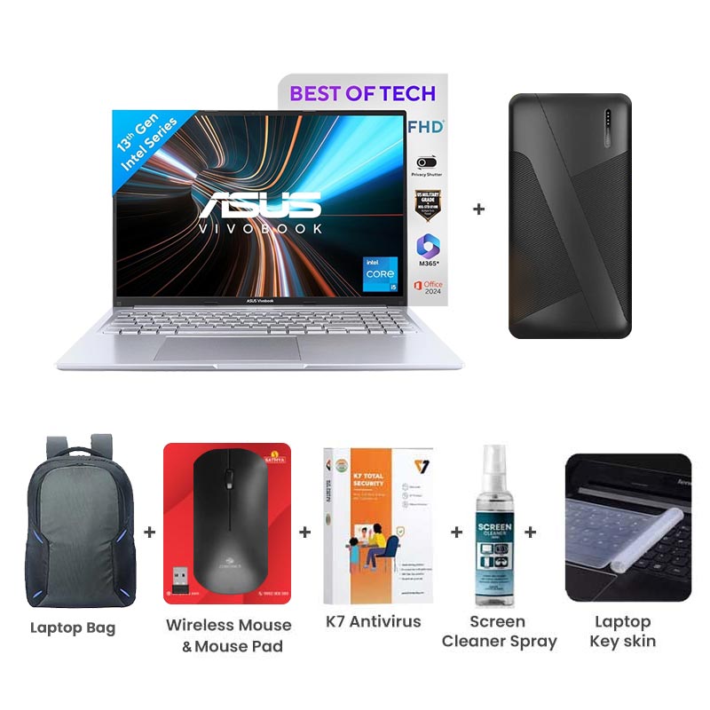 Picture of Asus Vivobook 14 - Intel Core i3-1315U 14" (35.56 cm) X1404VA-NK761WS Thin and Light Laptop (8GB/ 512GB SSD/ Full HD Display/ Intel UHD Graphics/ Windows 11 Home/ Office Home 2024/ 1Year Warranty/ Cool Silver/ 1.40 Kg) with  10000mAh PowerBank + Laptop Bag + Wireless Mouse & Mouse Pad + K7 Antivirus Single User + Screen Cleaner Spray + Laptop Key Skin