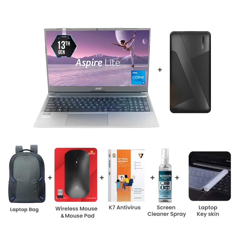 Picture of Acer Aspire Lite - 13th Gen Intel Core i3-1305U 15.6" (39.6 cm) AL15-53 Thin & Light Laptop (8GB/ 512GB SSD/ Full HD Display/ Intel Graphics/ Windows 11 Home/ MS Office/ 1Year Warranty/ Steel Gray/ 1.59 Kg) with 10000mAh PowerBank + Laptop Bag + Wireless Mouse & Mouse Pad +  K7 Antivirus Single User + Screen Cleaner Spray + Laptop Key Skin