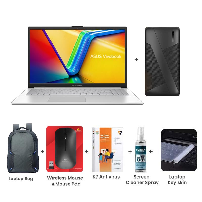 Picture of Asus Vivobook Go 15 - AMD Ryzen 5 7520U 15.6" (39.62cm) E1504FA-NJ132WS Thin & Light Laptop (8GB/ 512GB SSD/ Full HD Display/  AMD Radeon Graphics/ Windows 11 Home/ MS Office 2024/ 1 Year Warranty/ Cool Silver/ 1.63 kg)  10000mAh PowerBank + Laptop Bag + Wireless Mouse & Mouse Pad + K7 Antivirus Single User + Screen Cleaner Spray + Laptop Key Skin