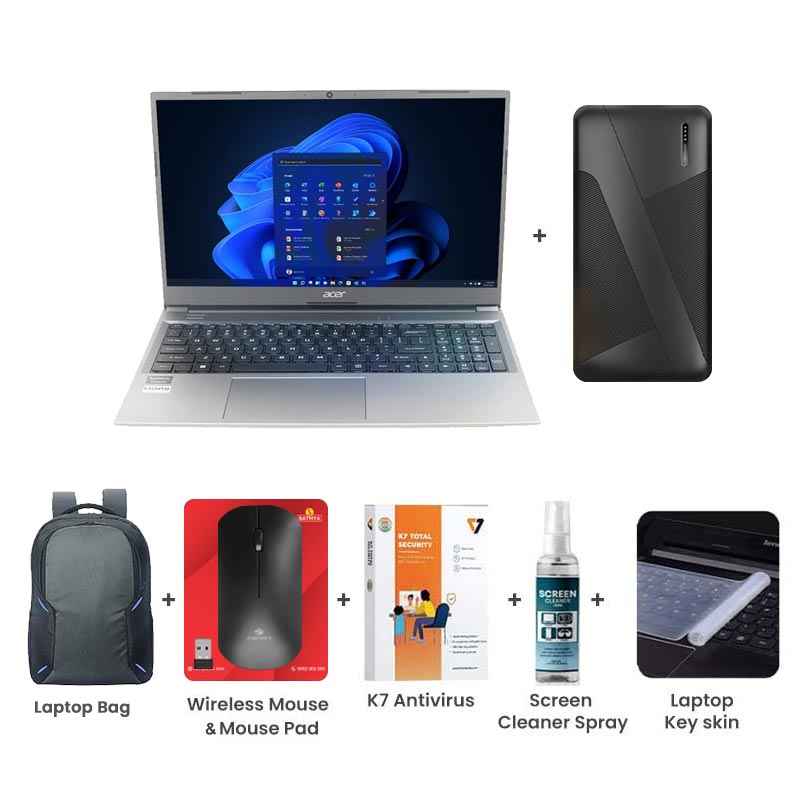 Picture of Acer Aspire Lite - 13th Gen Intel Core i5-1334U 15.6" (39.6 cm) AL15-53 Thin & Light Laptop (16GB/ 512GB SSD/ Full HD Display/ Intel UHD Graphics/ Backlit Keyboard/ Windows 11 Home/ MS Office/1 Year Warranty/ Steel Gray/ 1.6 Kg) with 10000mAh PowerBank + Laptop Bag + Wireless Mouse & Mouse Pad +  K7 Antivirus Single User + Screen Cleaner Spray + Laptop Key Skin