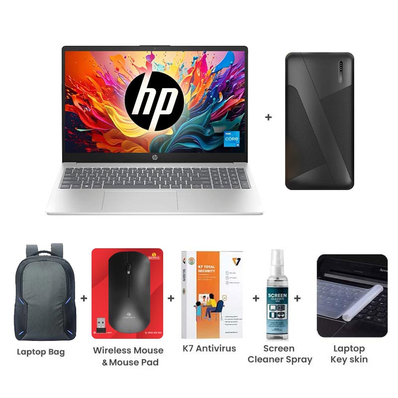 Picture of HP - 13th Gen intel i5 1334U 15.6" (39.6 Cm) FD0467TU Thin & Light Laptop (16GB DDR4 / 512GB NVMe M.2 SSD/ Micro-Edge/ Anti-Glare 250 nits/ Full HD Display/ Windows 11 Home/ Intel Iris Xᵉ Graphics / Backlit / Camera Privacy Shutter / MS Office 2024/ 1 Year Warranty/ 1.59 kg)  with Laptop Bag + 10000mAh Power Bank + Wireless Mouse + Mouse Pad + K7 Antivirus + Screen Cleaner Spray + Laptop Key Skin