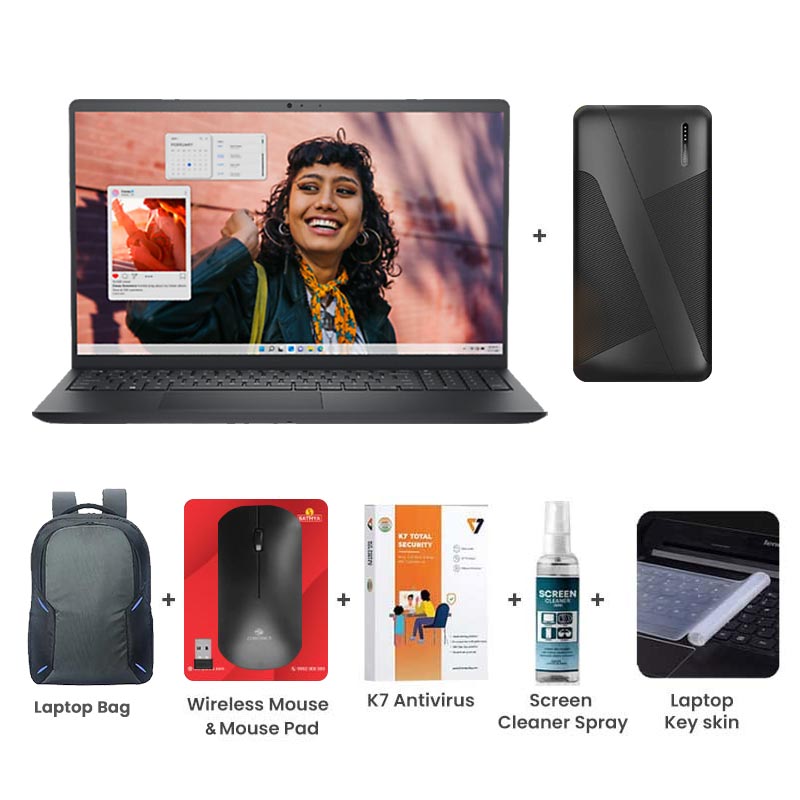 Picture of Dell Inspiron 3530 - 13th Gen Core i3-1305U 15.6" (39.62cm) Thin & Light Laptop (8GB/ 512GB SSD/ Full HD Display/ Windows 11 Home/ MS Office 2021/ Intel UHD Graphics/ 1 Year Warranty/ Carbon Black/ 1.62 kg) 10000mAh PowerBank + Laptop Bag + Wireless Mouse & Mouse Pad +K7 Antivirus Single User + Screen Cleaner Spray + Laptop Key Skin