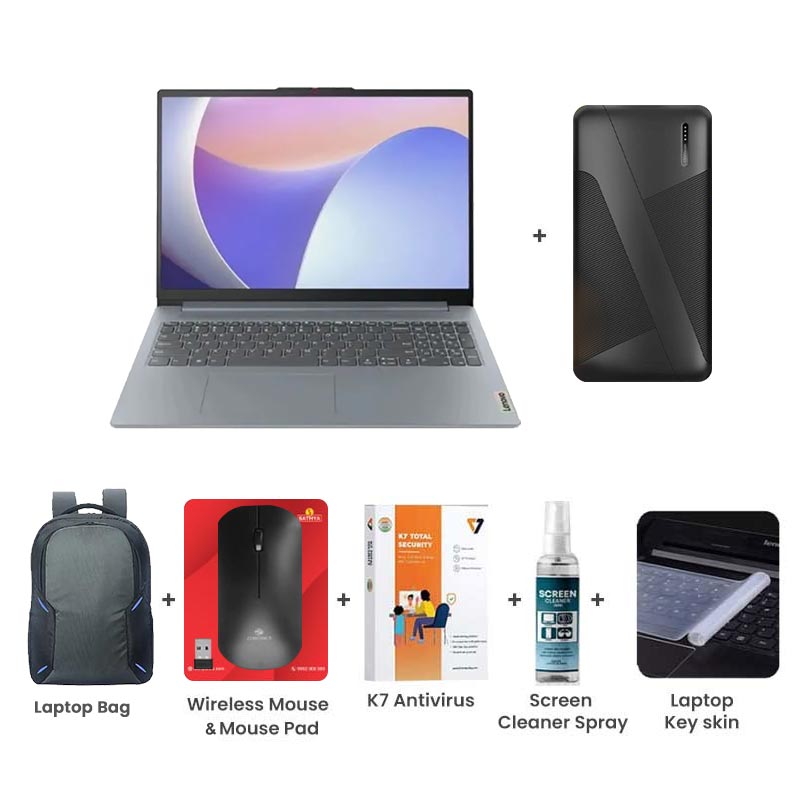 Picture of Lenovo IdeaPad Slim 3 - AMD Ryzen 5 5625U 15.6" (39.62 cm) 82XM0118IN Thin & Light Laptop (16GB / 512GB SSD/ Full HD Display/ Camera Privacy Shutter/ Integrated AMD Radeon Graphics/ Anti-glare/  Backlit Keyboard/ Windows 11 Home/ MS Office 2024/ 1Year Warranty/ Arctic Grey/ 1.62 kg) 10000mAh Power Bank + Wireless Mouse + Mouse Pad + K7 Antivirus + Screen Cleaner Spray + Laptop Key Skin
