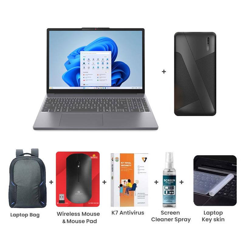 Picture of Lenovo IdeaPad Slim 3 - Intel Core i7-13620H 15.3" (38.86 cm) 83K100C9IN Thin & Light Laptop (16GB/ 512GB SSD/ WUXGA IPS 300nits Anti-glare /  Intel UHD Graphics/ Backlit keyboard/ Camera Privacy Shutter/ Windows 11 Home/ Office Home 2024/ 1Year Warranty/ Luna Grey/ 1.59 kg) 10000mAh Power Bank + Wireless Mouse + Mouse Pad + K7 Antivirus + Screen Cleaner Spray + Laptop Key Skin