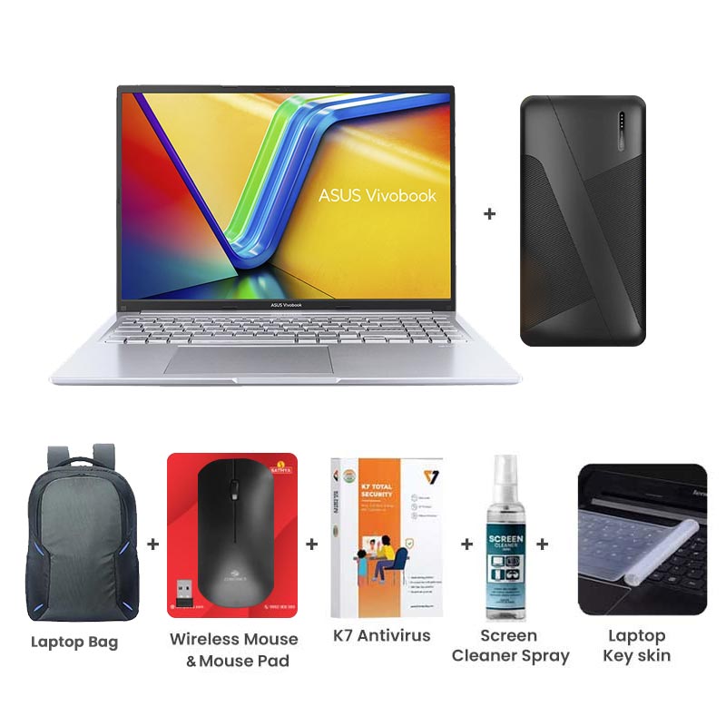 Picture of Asus Vivobook 16 - Intel Core i7-13620H 16" (40.64cm)  X1605VA-MB1628WS Thin & Light Laptop (16GB/ 512GB SSD/ Intel UHD Graphics/ Windows 11 Home/ Office Home 2024/ 1Year Warranty/ Cool Silver/ 1.88 Kg) with 10000mAh PowerBank +  Laptop Bag + Wireless Mouse & Mouse Pad + Pendrive + K7 Antivirus Single User + Screen Cleaner Spray + Laptop Key Skin