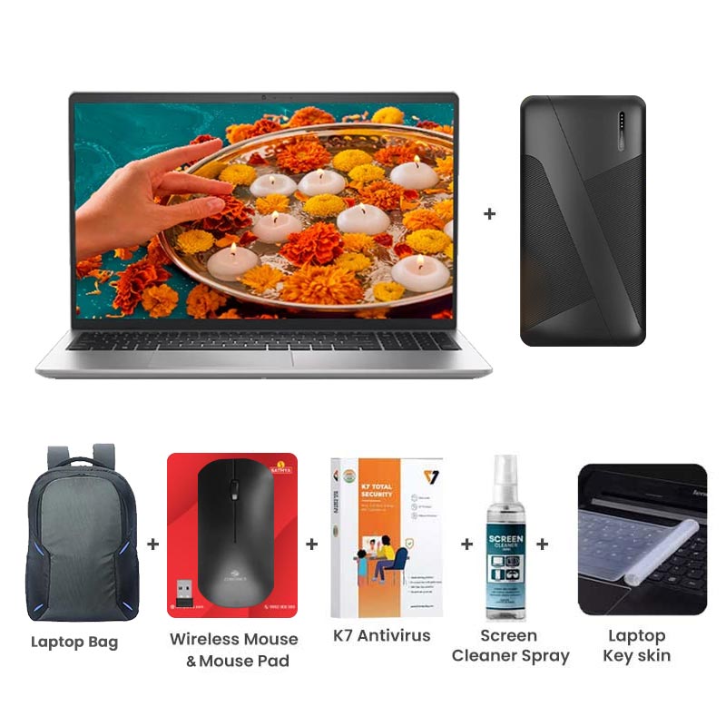 Picture of Dell 15 - 13th Gen Intel Core i5-1334U 15.6" (39.62cm) Thin & Light Laptop (16GB/ 512GB SSD/  Full HD Display/ Intel UHD Graphics/ Anti-Glare/ Windows 11 Home/ Office Home 2024/ 1 Year Warranty/ Platinum Silver/ 1.65 kg)  with Laptop Bag + 10000mAh Power Bank + Wireless Mouse + Mouse Pad + K7 Antivirus + Screen Cleaner Spray + Laptop Key Skin