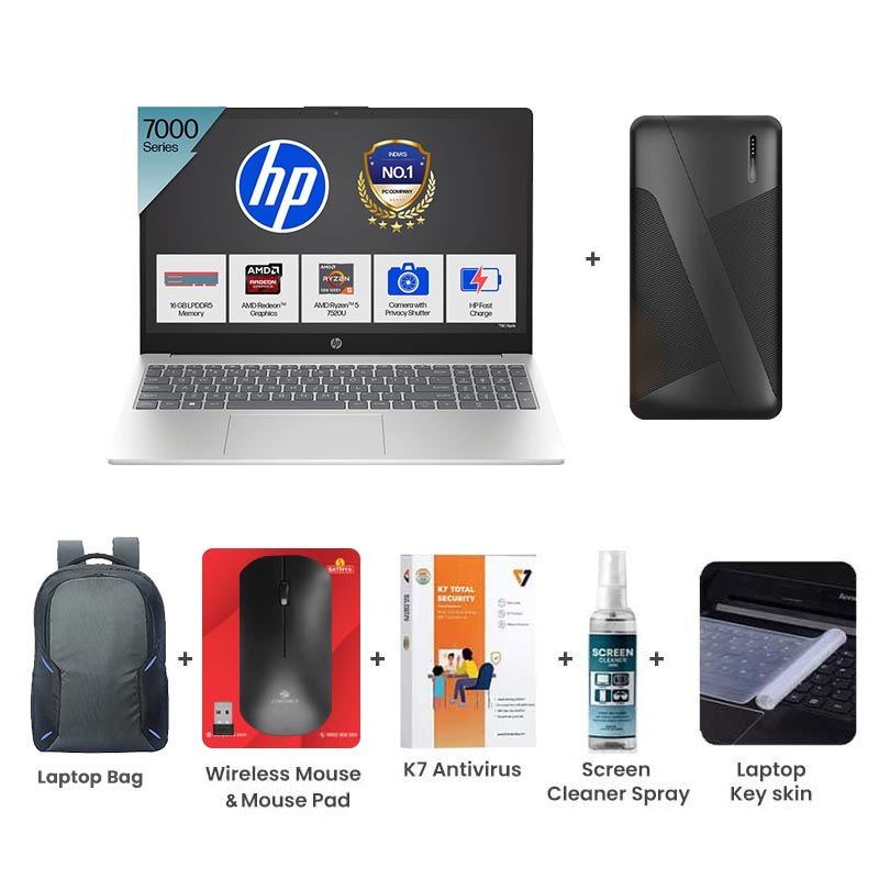 Picture of HP - AMD Ryzen 5-7520U 15.6" (39.6 cm) 15-fc0690AU Thin & Light Laptop (16GB/ 512GB SSD/ Full HD Display/ AMD Radeon Graphics/ Anti-Glare/ Camera Privacy Shutter/ Backlit Keyboard/ Windows 11 Home/ MS Office 2024/ 1Year Warranty/ Natural silver/ 1.59 kg) with Laptop Bag + 10000mAh Power Bank + Wireless Mouse + Mouse Pad + K7 Antivirus + Screen Cleaner Spray + Laptop Key Skin