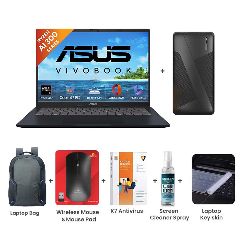 Picture of Asus Vivobook 14 - AMD Ryzen AI 5 330 14" (35.56 cm) M1407KA-LY132WS AI Powered Thin and Light Laptop (16GB/ 512GB SSD/ WUXGA Display/ AMD Radeon Graphics/ Windows 11 Home/ Office Home 2024/ 1Year Warranty/ Quiet Blue/ 1.46kg) with Laptop Bag + 10000mAh Power Bank + Wireless Mouse + Mouse Pad + K7 Antivirus + Screen Cleaner Spray + Laptop Key Skin