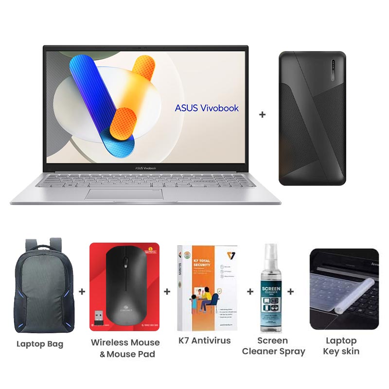 Picture of Asus Vivobook 15 - Intel Core 5 120U 15.6" (39.62 cm) X1504VAP-BQ541WS Thin and Light Laptop (16GB/ 512GB SSD/ Full HD Display/ Intel Graphics/ Windows 11 Home/ Office Home 2024 + M365 Basic/ 1Year Warranty/ Cool Silver/ 1.70 kg)  with Laptop Bag + 10000mAh Power Bank + Wireless Mouse + Mouse Pad + K7 Antivirus + Screen Cleaner Spray + Laptop Key Skin