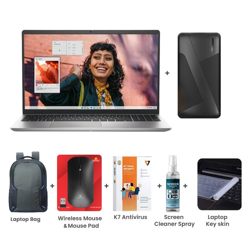 Picture of Dell 15 - AMD Ryzen 5-7530U 15.6" (39.62cm) Thin & Light Laptop (16GB/ 512GB SSD/ Full HD Display/ LED-Backlit Standard Keyboard/ Windows 11 Home/ Office Home 2024 + M365 Basic/ 1Year Warranty/ Platinum Silver/ 1.67 Kg) with Laptop Bag + 10000mAh Power Bank + Wireless Mouse + Mouse Pad + K7 Antivirus + Screen Cleaner Spray + Laptop Key Skin