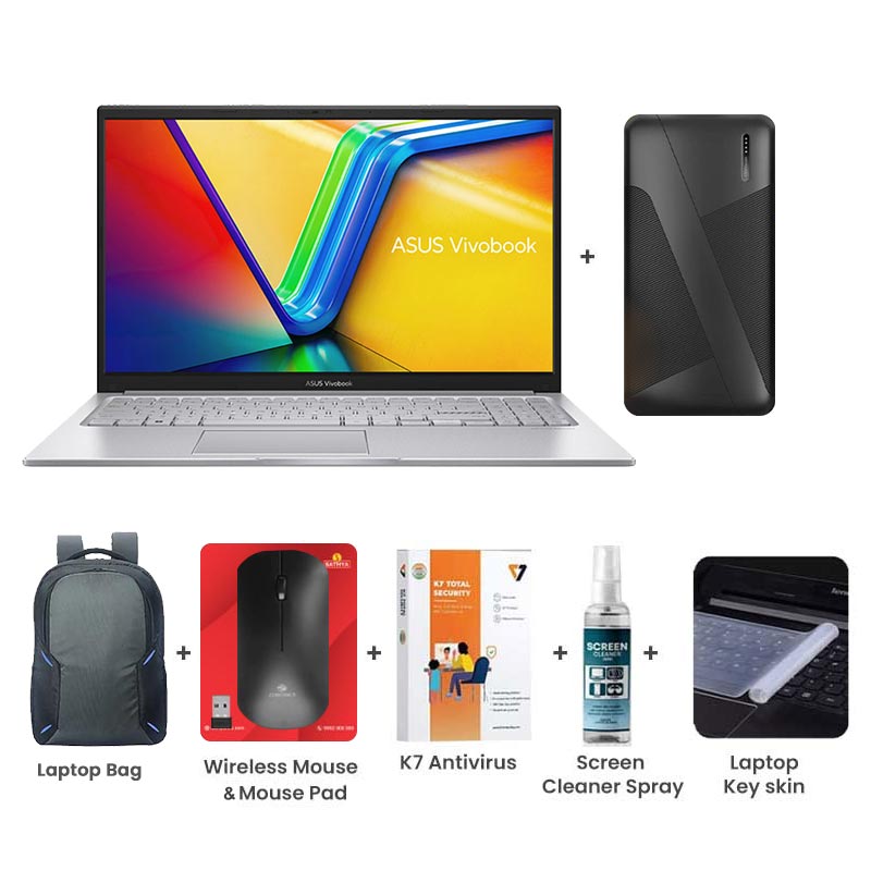 Picture of Asus Vivobook 15 - Intel Core i3-1315U 15.6" (39.62cm) X1504VA-BQ321WS Thin & Light Laptop (8GB/ 512GB SSD/ Full HD Display/ Intel UHD Graphics/ Windows 11 Home/  Office Home 2024/ 1 Year Warranty/ Cool Silver/ 1.70 kg) with Laptop Bag + 10000mAh Power Bank + Wireless Mouse + Mouse Pad + K7 Antivirus + Screen Cleaner Spray + Laptop Key Skin