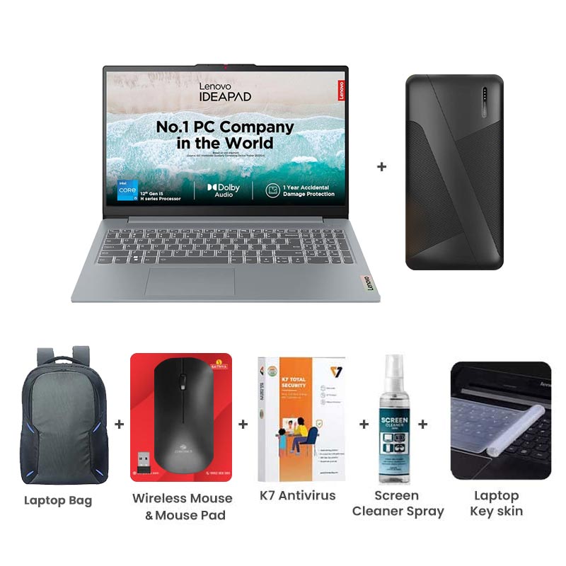 Picture of Lenovo IdeaPad Slim 3 - Intel Core i5-12450H 15.6" (39.62 cm) 83ER00MCIN Thin & Light Laptop (16GB/ 512GB SSD/ Full HD Display/ Intel UHD Graphics/ Backlit keyboard/ Camera Privacy Shutter/ Anti-glare/ Windows 11 Home/ Office Home 2024/ 1Year Warranty/ Arctic Grey/ 1.62 kg) Laptop Bag + 10000mAh Power Bank + Wireless Mouse + Mouse Pad + K7 Antivirus + Screen Cleaner Spray + Laptop Key Skin