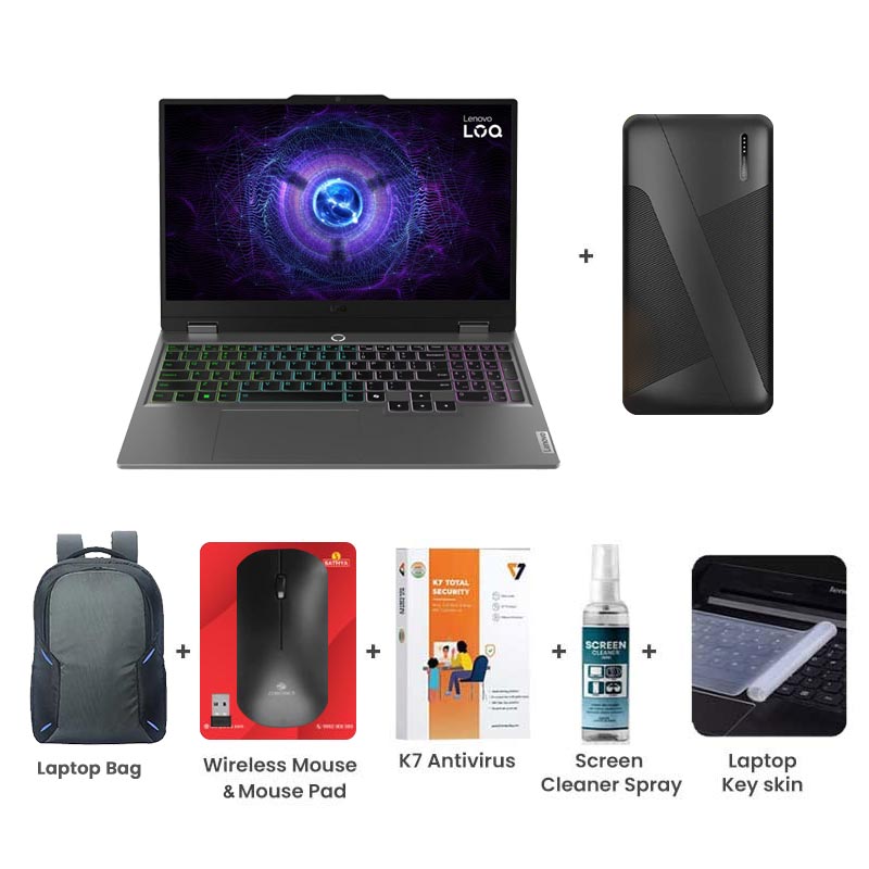 Picture of Lenovo LOQ - Intel Core i5-13450HX 15.6" (39.6cm) 83DV01AAIN Gaming Laptop (16GB/ 512GB SSD/  Full HD Display/ Anti-Glare/ E-shutter/ NVIDIA GeForce RTX 4050 6GB GDDR6/ Windows 11 Home/ Office Home 2024/ 1 Year Warranty/Luna Grey/ 2.38Kg) with Laptop Bag + 10000mAh Power Bank + Wireless Mouse + Mouse Pad + K7 Antivirus + Screen Cleaner Spray + Laptop Key Skin